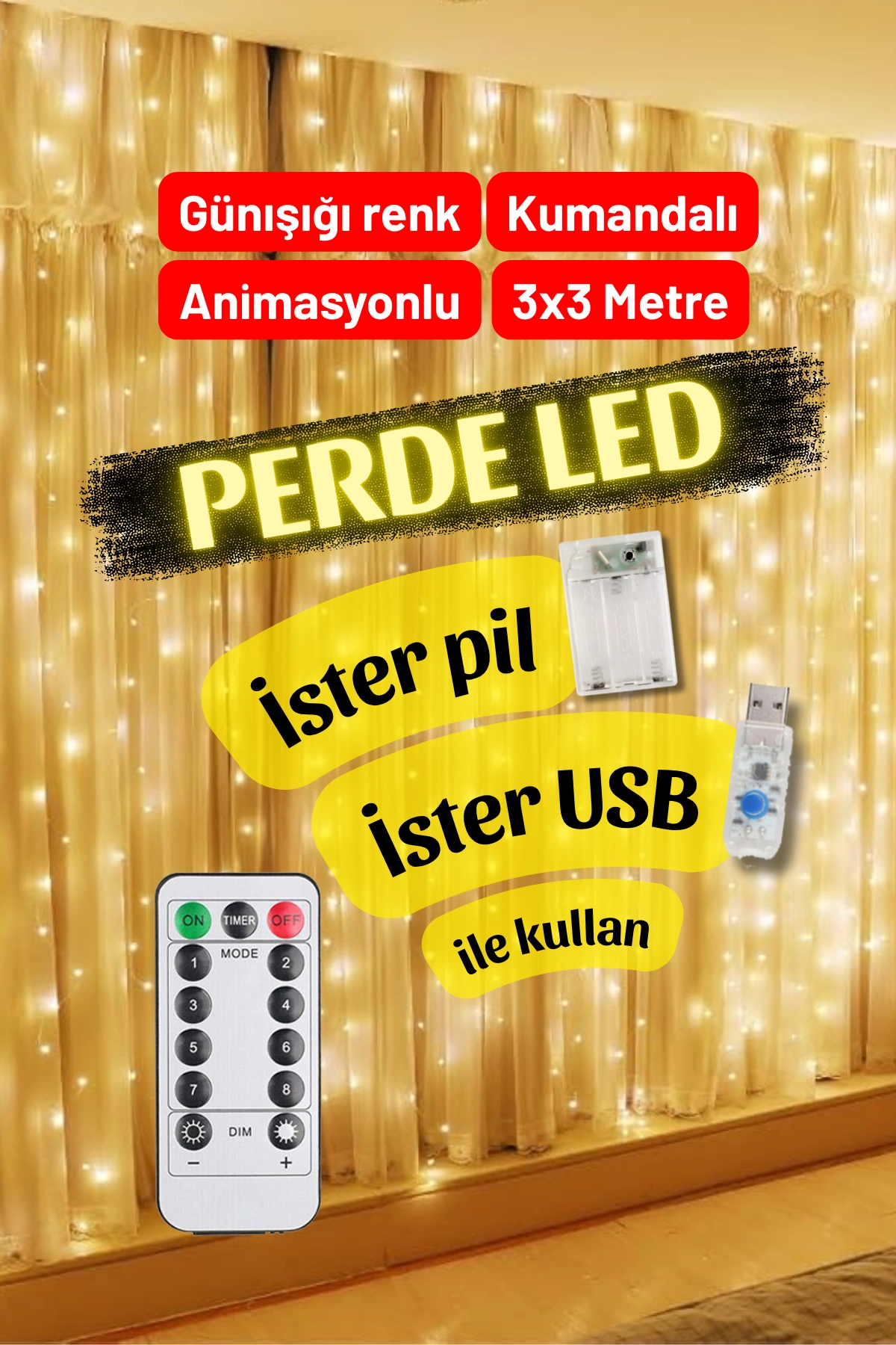 Günışığı Hem Pil Hem Usb İle Çalışan Kumandalı Animasyonlu Perde Led 3x3 Metre Perde Süsleme Ledi