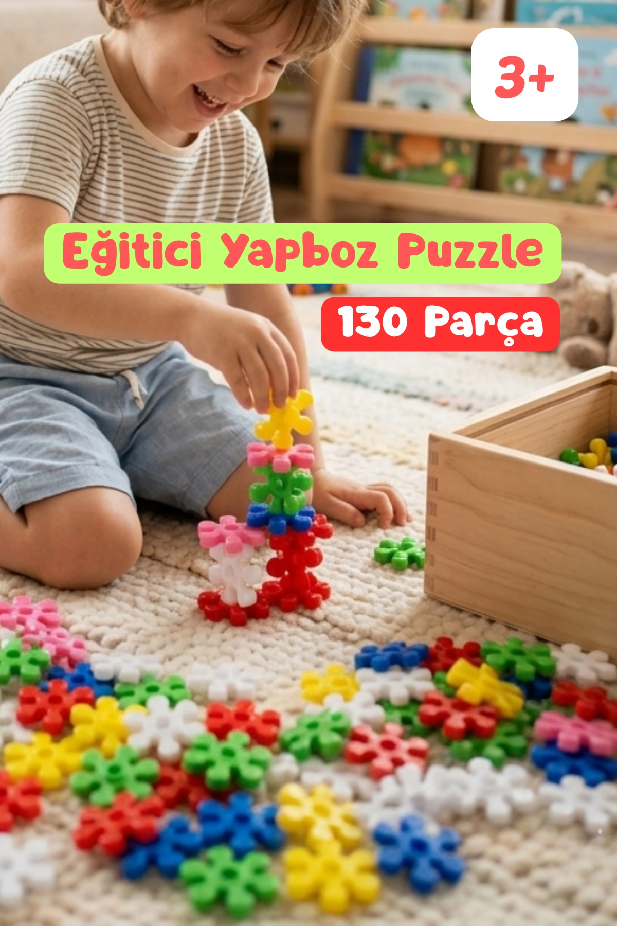 Kar Tanesi Eğitici Bloklar 130 Parça - Çocuk Zeka Geliştirici Geçmeli Renkli  Bloklar (3+)