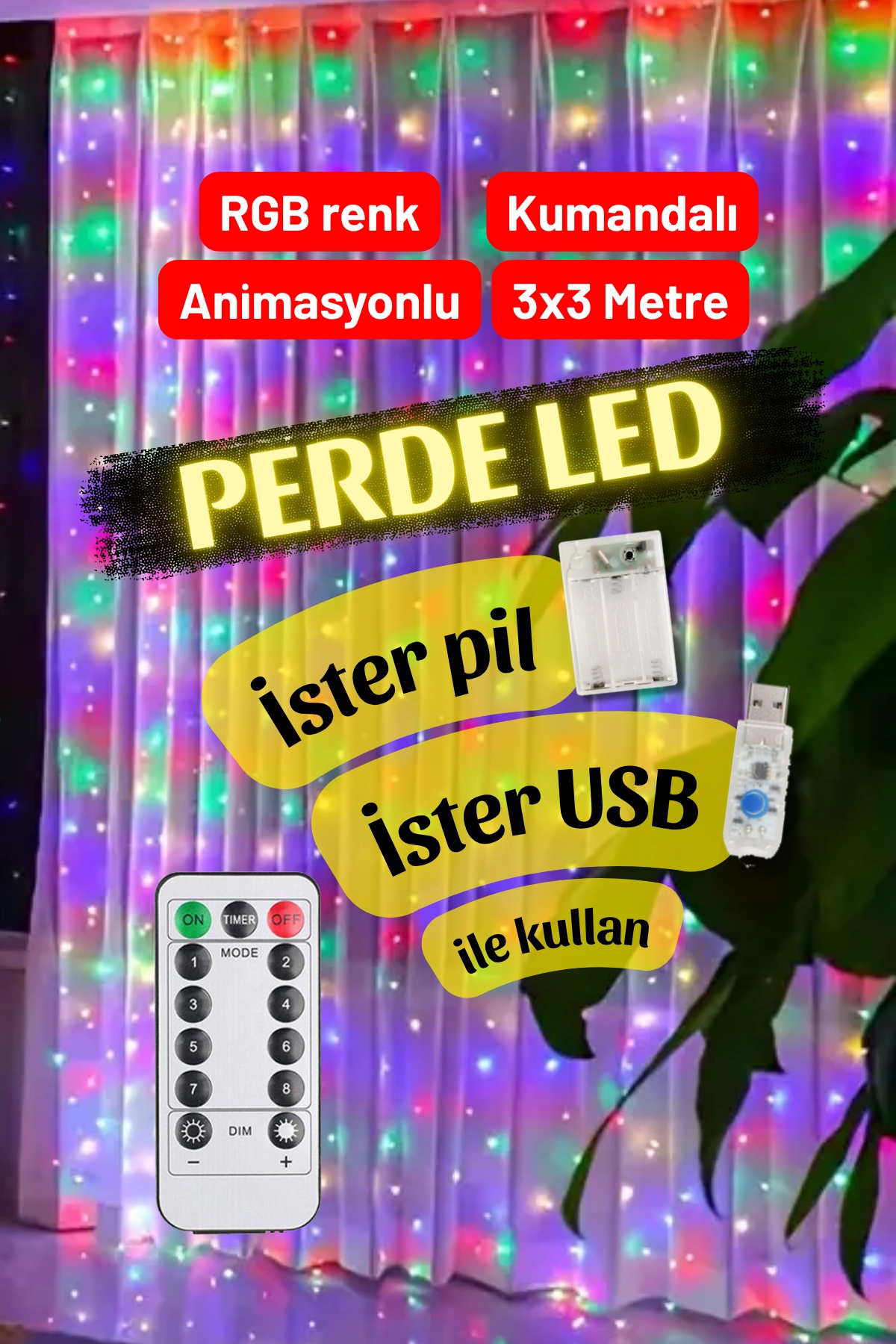 RGB Hem Pilli Hem Usbli Kumandalı Animasyonlu Perde Led 3x3 Metre Peri Perde Ledi Dekoratif Led