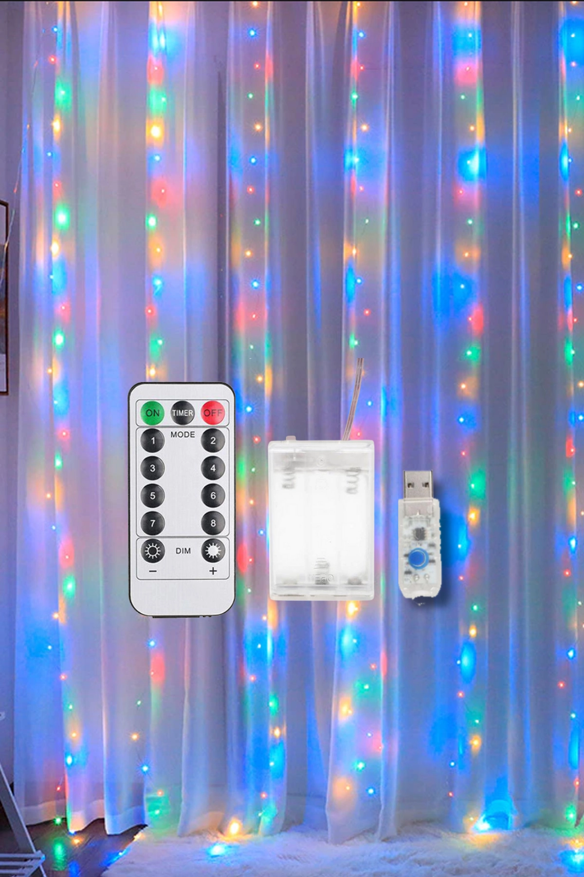 RGB Hem Pilli Hem Usbli Kumandalı Animasyonlu Perde Led 3x3 Metre Peri Perde Ledi Dekoratif Led