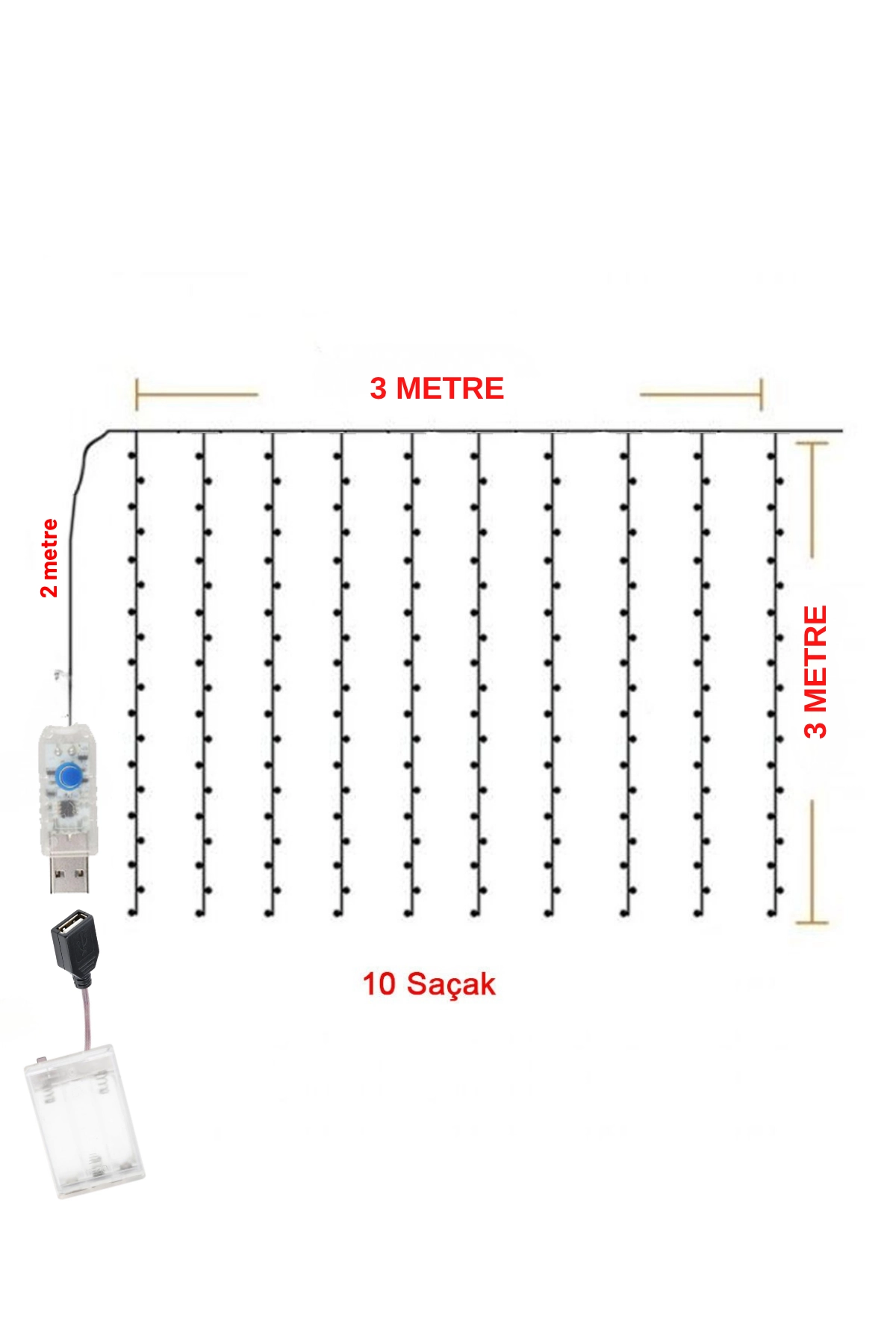 RGB Hem Pilli Hem Usbli Kumandalı Animasyonlu Perde Led 3x3 Metre Peri Perde Ledi Dekoratif Led