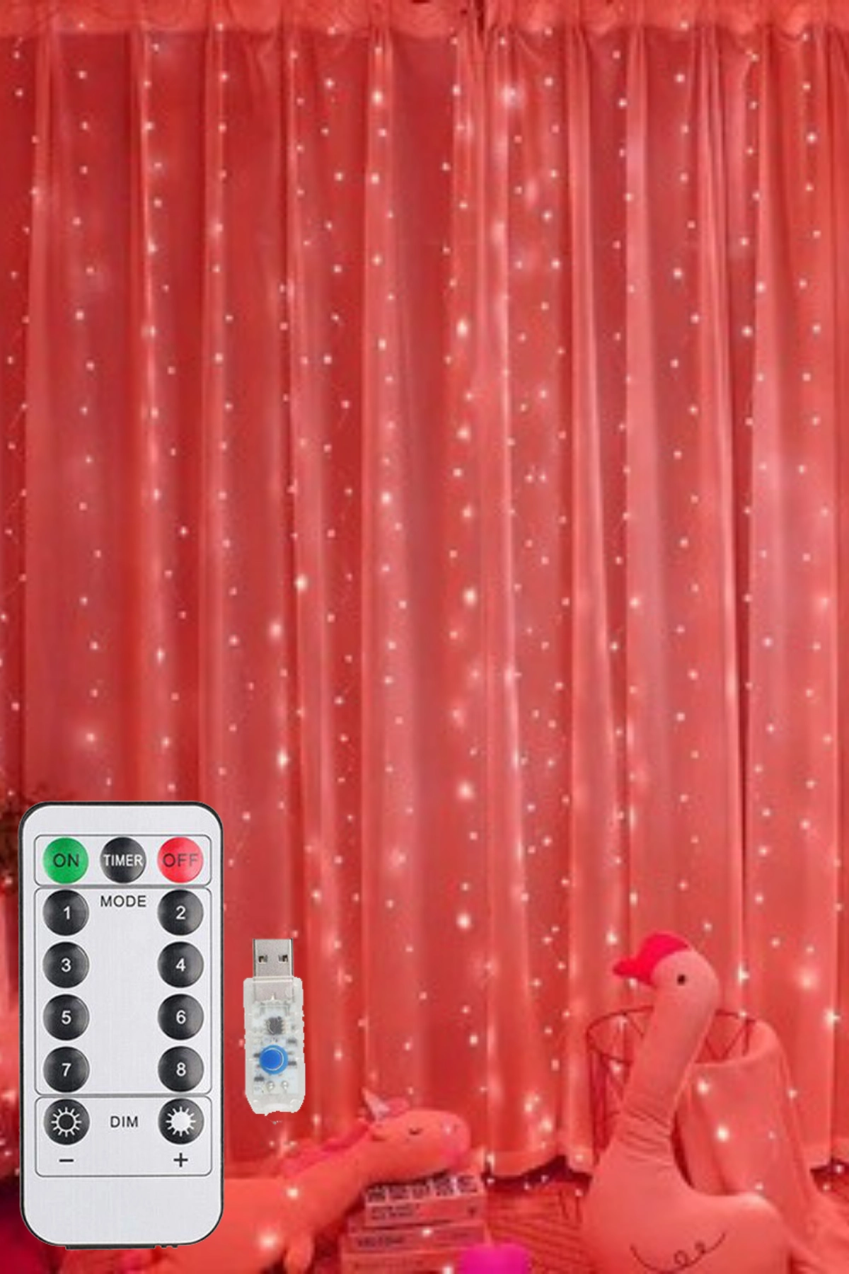 Kırmızı Perde Led 3x3 Metre Usb Kumandalı 8 Mod Animasyonlu Peri Led Işık