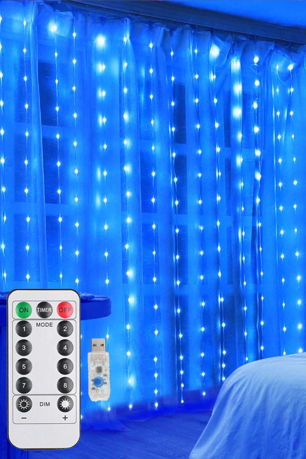 Mavi Perde Led 3x3 Metre Usb Kumandalı 8 Mod Animasyonlu Peri Led Işık