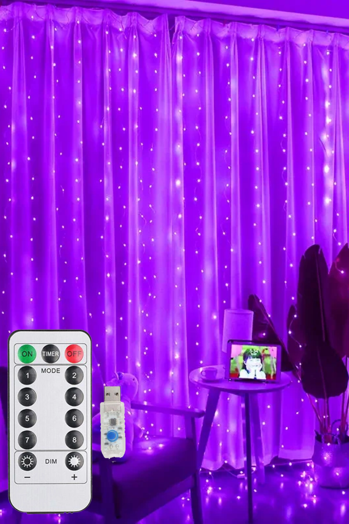 Mor Perde Led 3x3 Metre Usb Kumandalı 8 Mod Animasyonlu Peri Led Işık