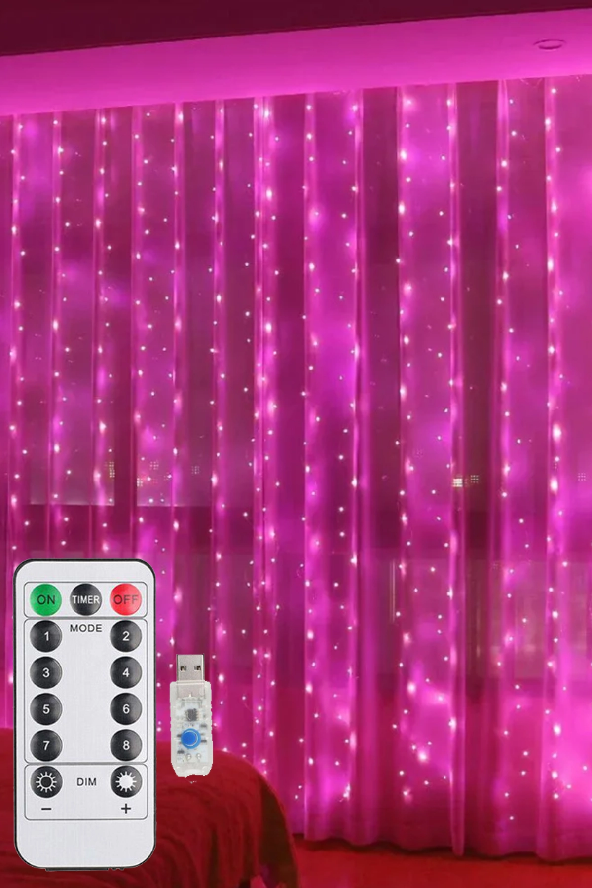 Pembe Perde Led 3x3 Metre Usb Kumandalı 8 Mod Animasyonlu Peri Led Işık