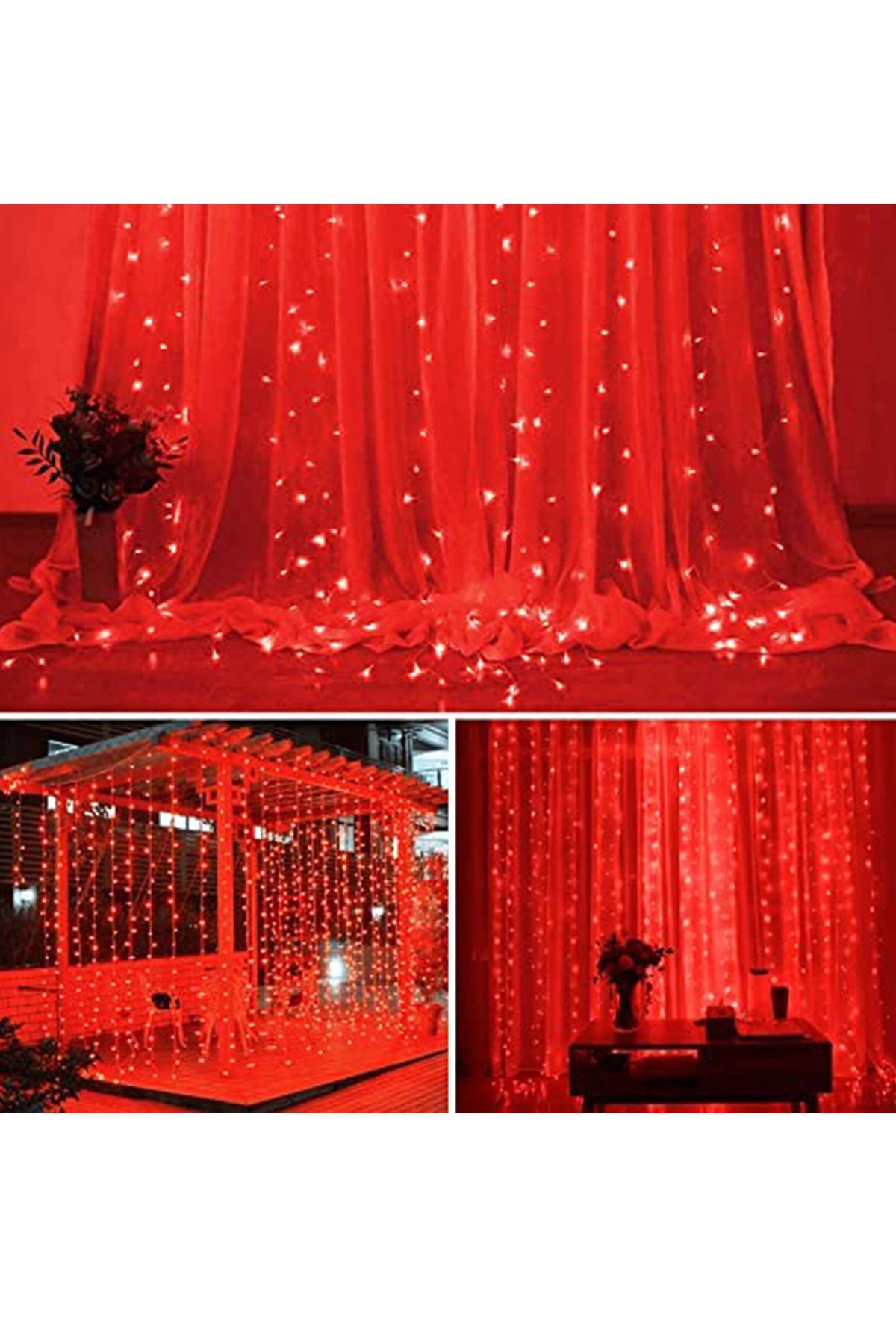 Kırmızı Perde Led 3x3 Metre Usb Kumandalı 8 Mod Animasyonlu Peri Led Işık
