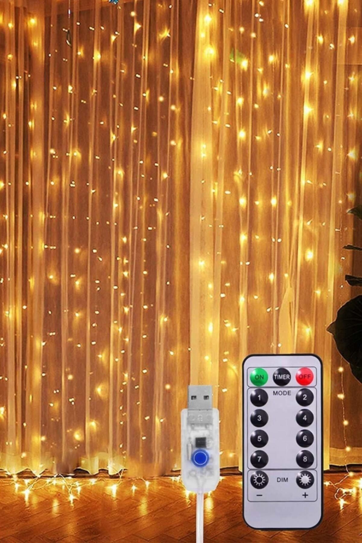 Kumandalı Animasyonlu Sarı (GÜNIŞIĞI) Perde Süsleme Ledi Peri Led 3m X 3m 300 Adet Led Işıklandırma