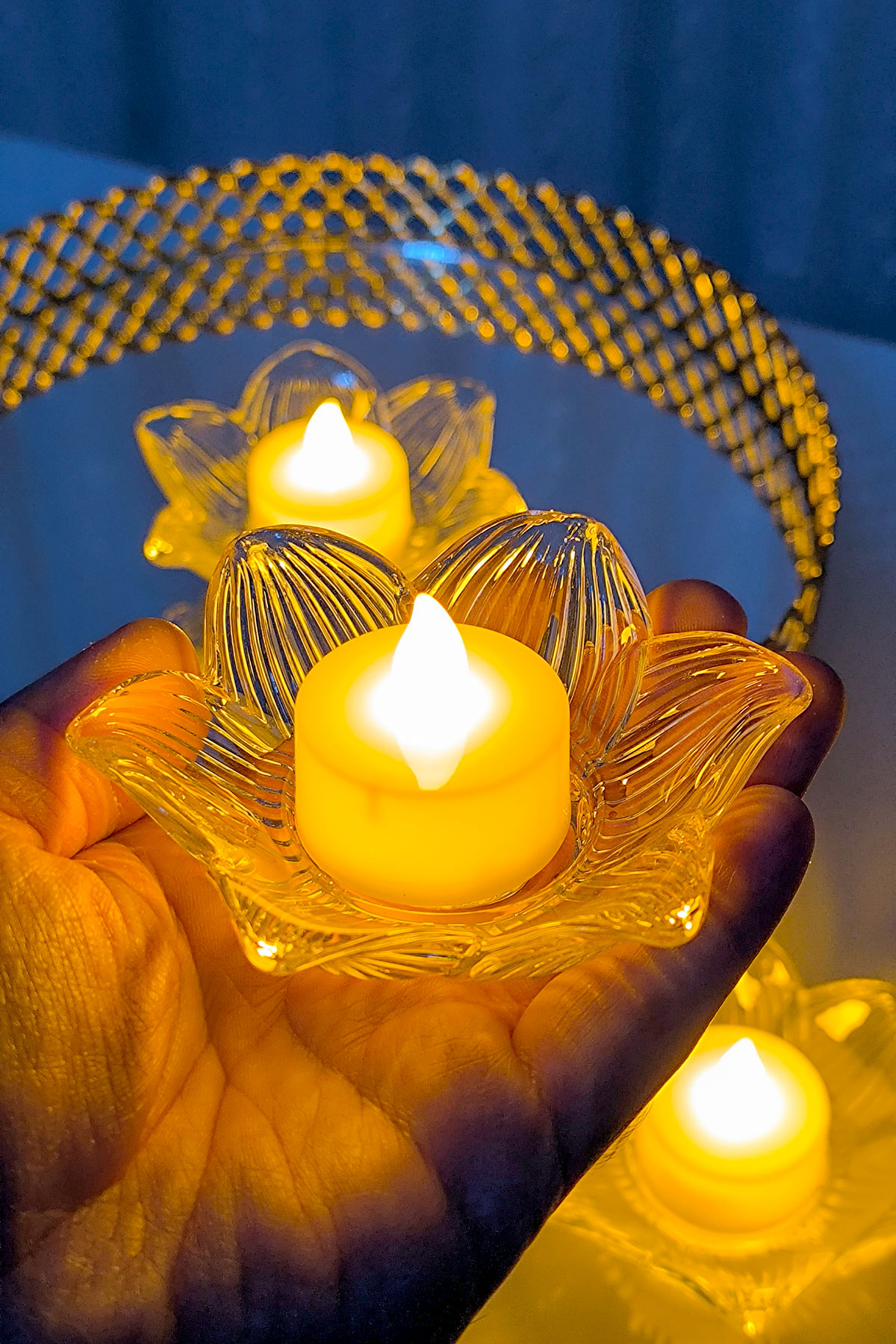 3lü Lotus Model Cam Mumluk İçinde Tealight Led Mum Seti