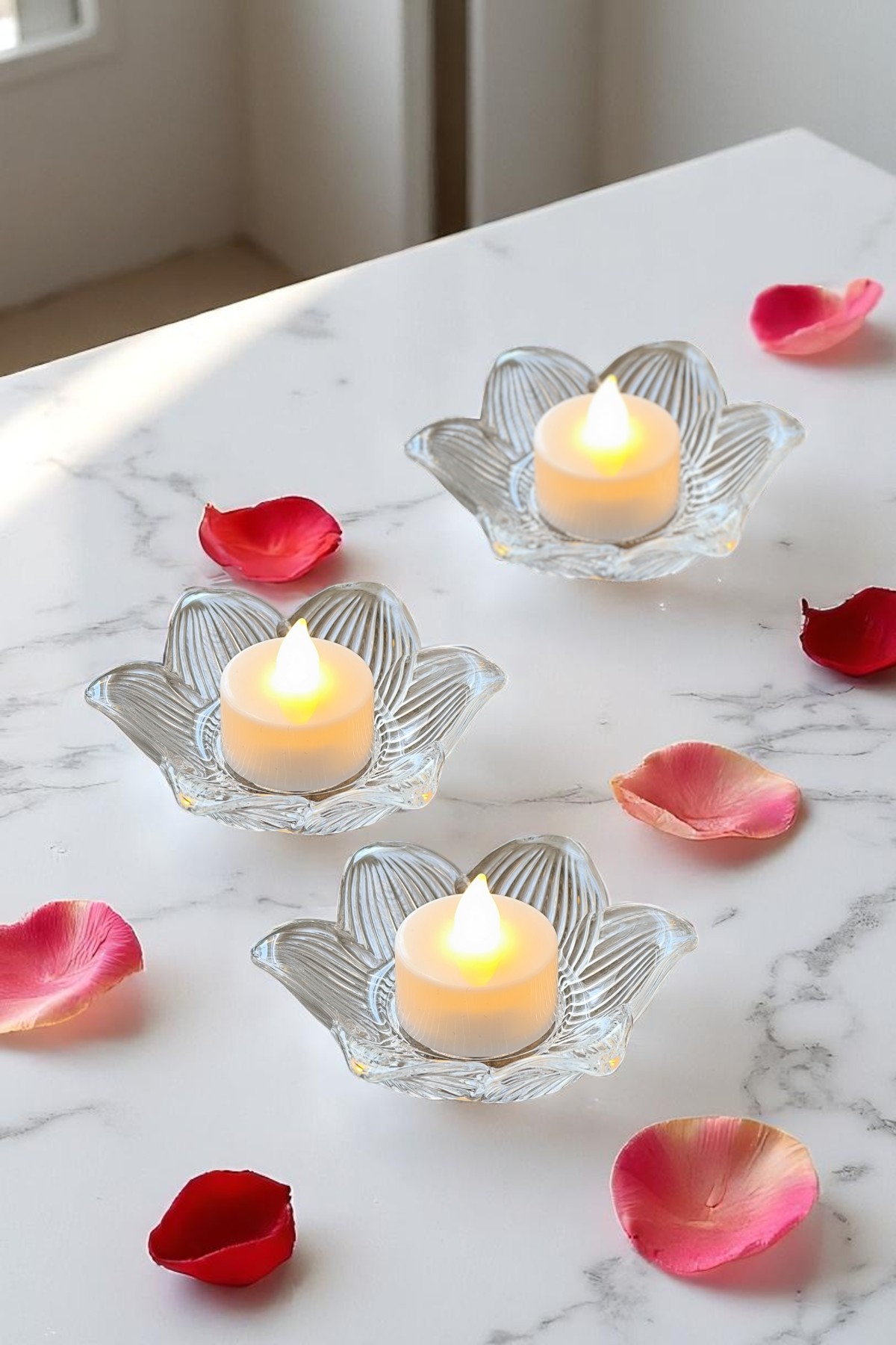 3lü Lotus Model Cam Mumluk İçinde Tealight Led Mum Seti