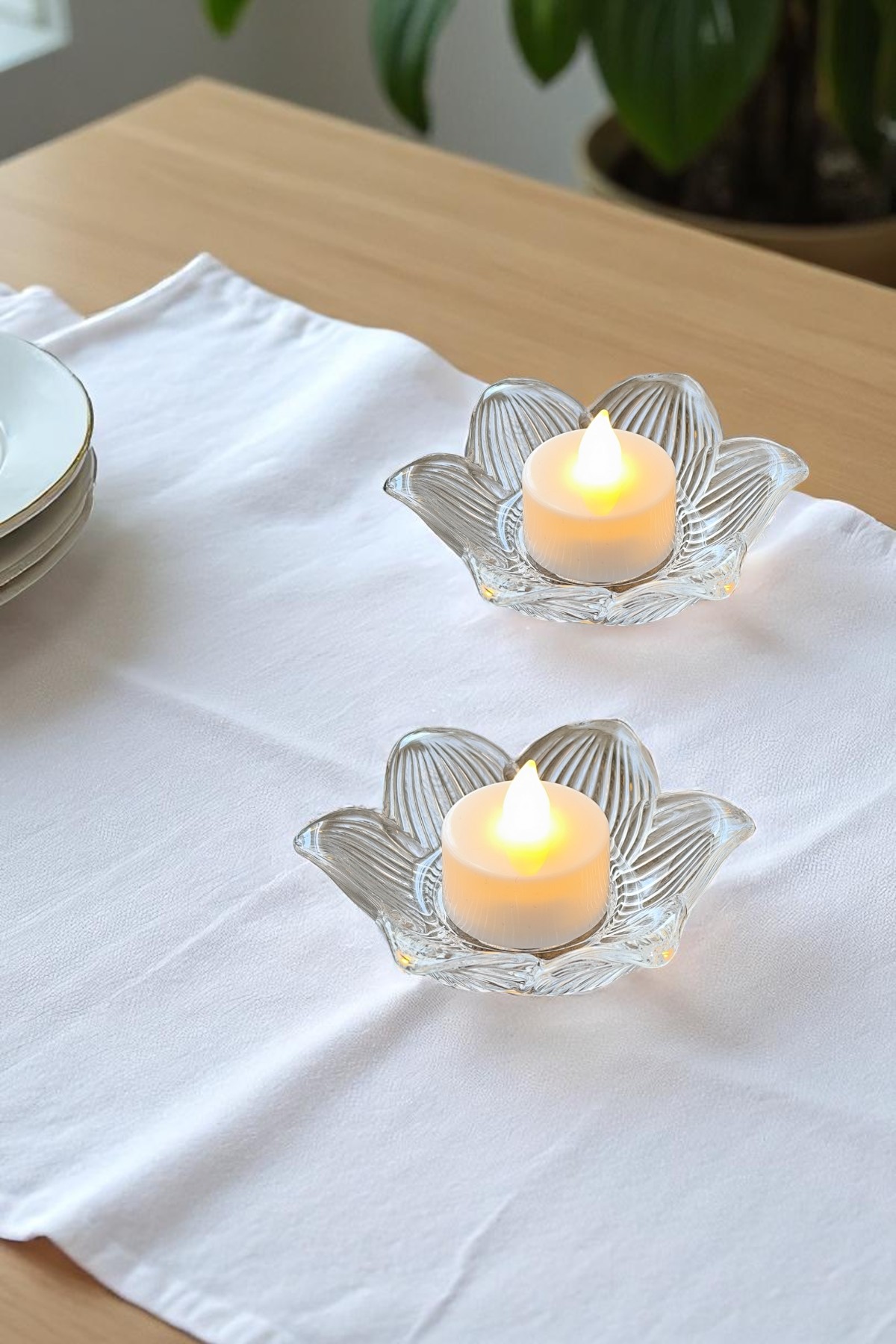 3lü Lotus Model Cam Mumluk İçinde Tealight Led Mum Seti