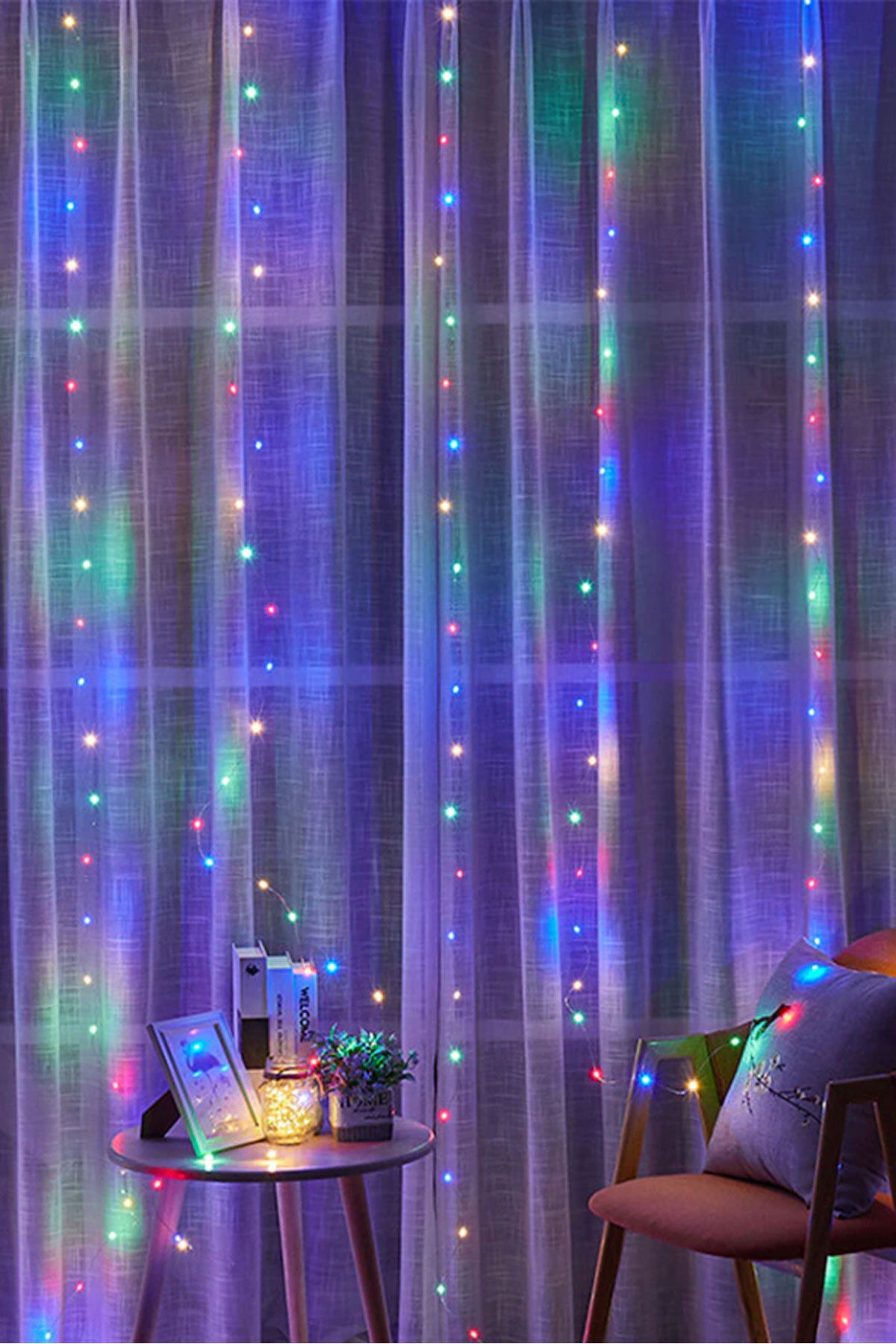 RGB Hem Pilli Hem Usbli Kumandalı Animasyonlu Perde Led 3x3 Metre Peri Perde Ledi Dekoratif Led