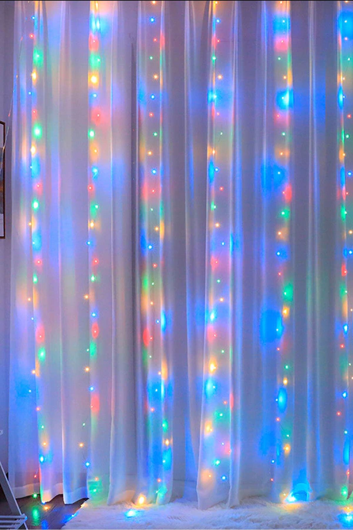 RGB Hem Pilli Hem Usbli Kumandalı Animasyonlu Perde Led 3x3 Metre Peri Perde Ledi Dekoratif Led
