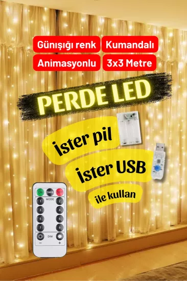 Günışığı Hem Pil Hem Usb İle Çalışan Kumandalı Animasyonlu Perde Led 3x3 Metre Perde Süsleme Ledi