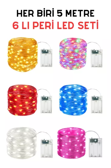 6’lı Her Biri 5 Metre Peri Led Seti - Günışığı - Beyaz - Mavi - Kırmızı - Pembe - RGB
