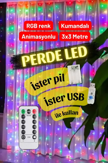 RGB Hem Pilli Hem Usbli Kumandalı Animasyonlu Perde Led 3x3 Metre Peri Perde Ledi Dekoratif Led