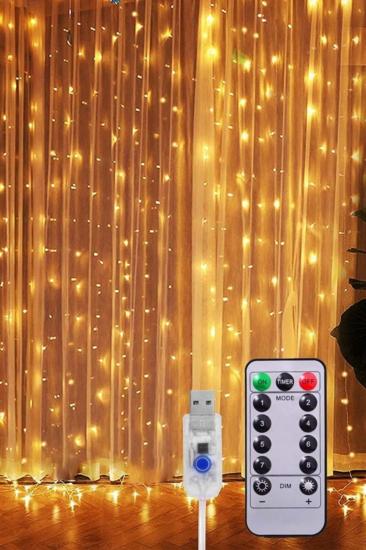 Kumandalı Animasyonlu Sarı (GÜNIŞIĞI) Perde Süsleme Ledi Peri Led 3m X 3m 300 Adet Led Işıklandırma