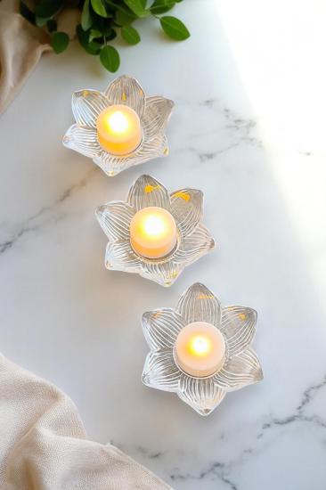 3lü Lotus Model Cam Mumluk İçinde Tealight Led Mum Seti
